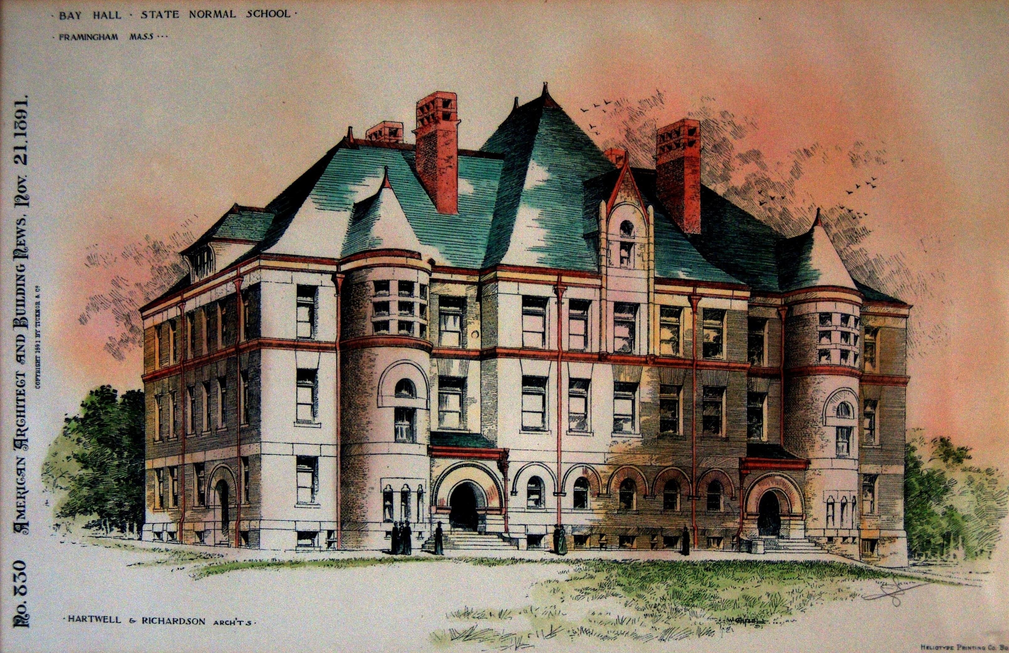 Illustration of Bay Hall with text on the image that reads: "Bay Hall - State Normal School - Framingham Mass." and "No. 330 American Architect and Building News - Nov 12 1891